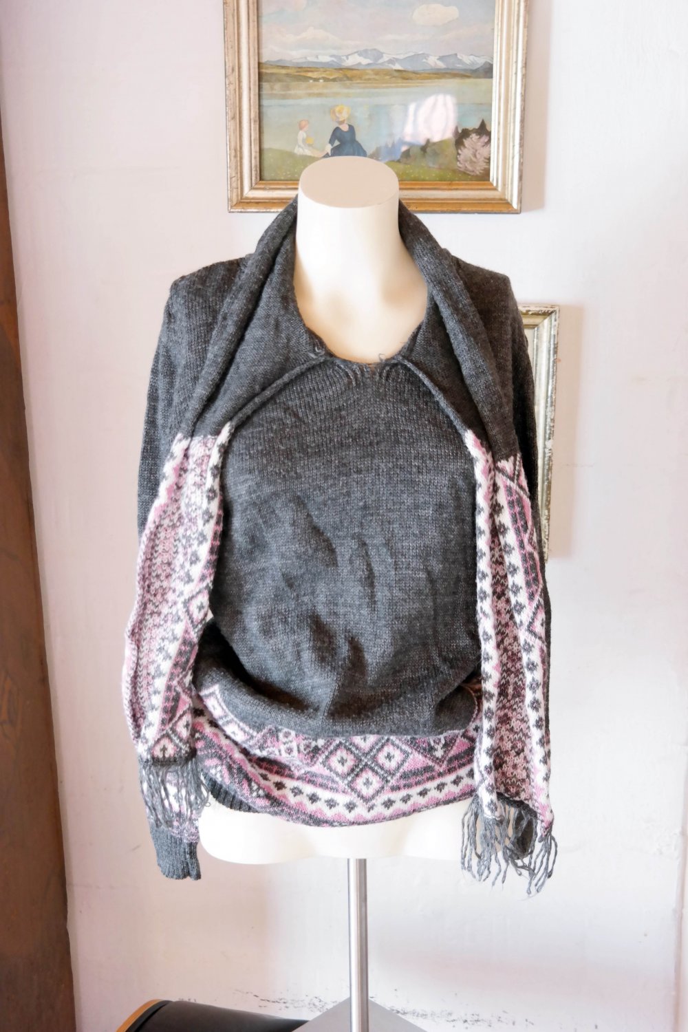 Pullover Strickpullover Wolle Kragen Schal Schalkragen Wollpullover Unikat M 38 grau bunt