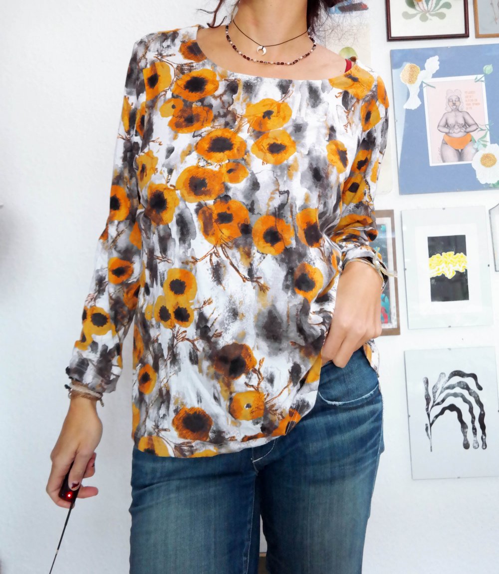 Langarmshirt Longsleeve Blumen bunt Mohnblumen 48 XXL weiß Pullover