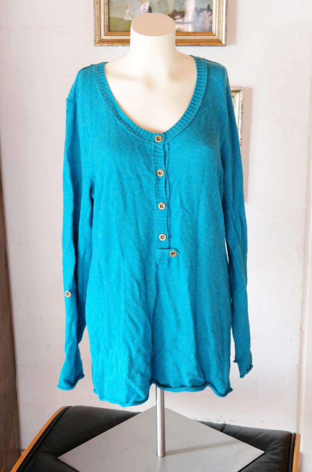 H&M Logg Pullover Angora Strickpullover petrol blau L 40 XL 42 Knöpfe Knopfleiste 