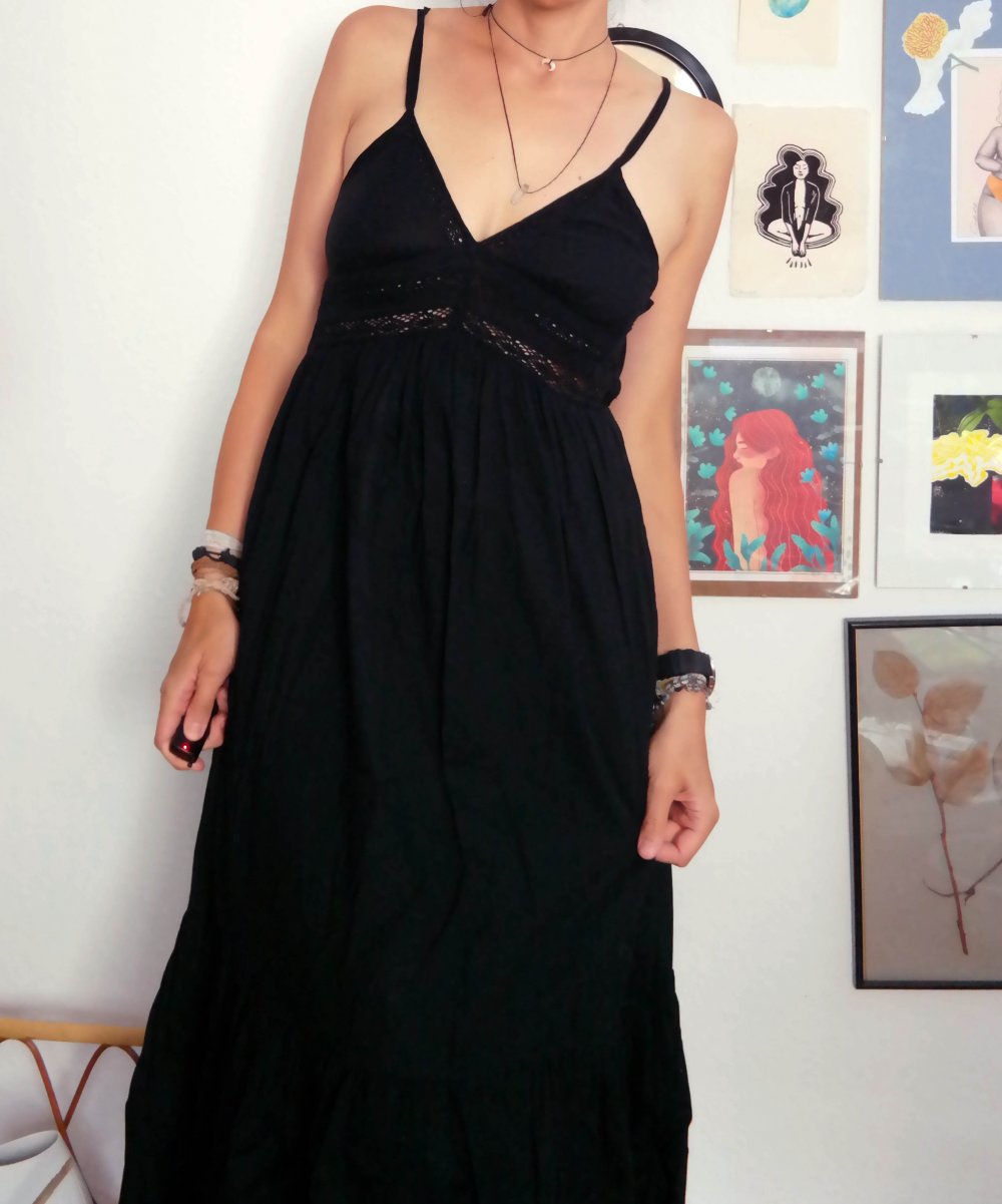 Zara Maxikleid Schwarz V-Ausschnitt Trägerkleid Häkelborte Hippie Ethno S XS 36 34