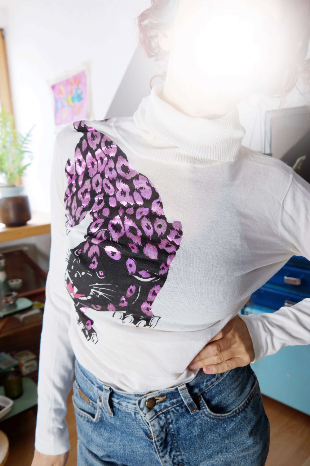 Rollkragenpullover Rolli Review weiß Panther Leopard schwarz pink shiny glimmer glänzend Vintage S 38 M 40