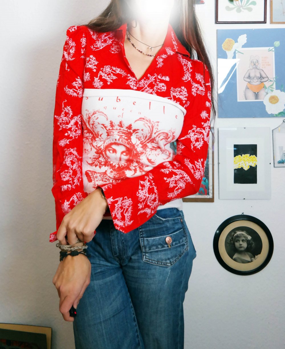 Vintage Gsus G-Sus Bluse Queen of Royal Filth Pullover rot weiß Muster M 38 Königin