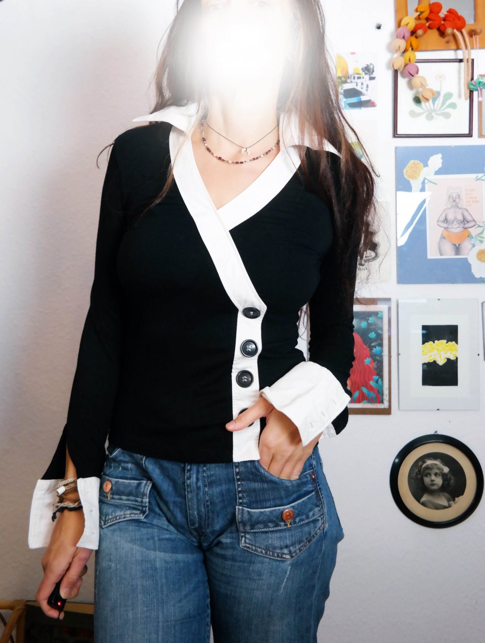 Blusenshirt Bluse Langarm Pullover chic preppy schwarz weiß V-Ausschnitt 38 M