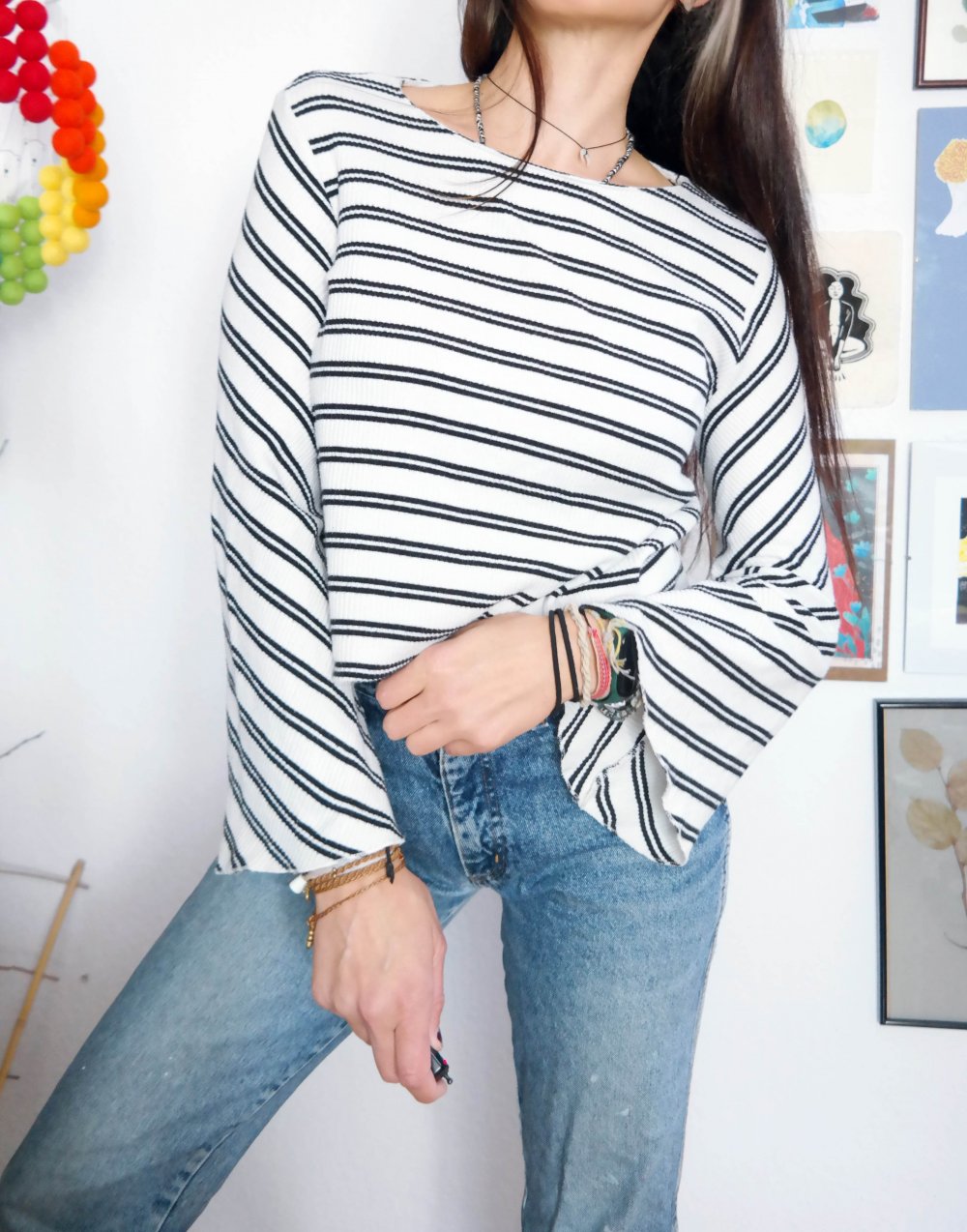 Mango Langarmshirt Pullover Schlagärmel Flügelärmel Hippie Streifen gestreift M 38 schwarz weiß