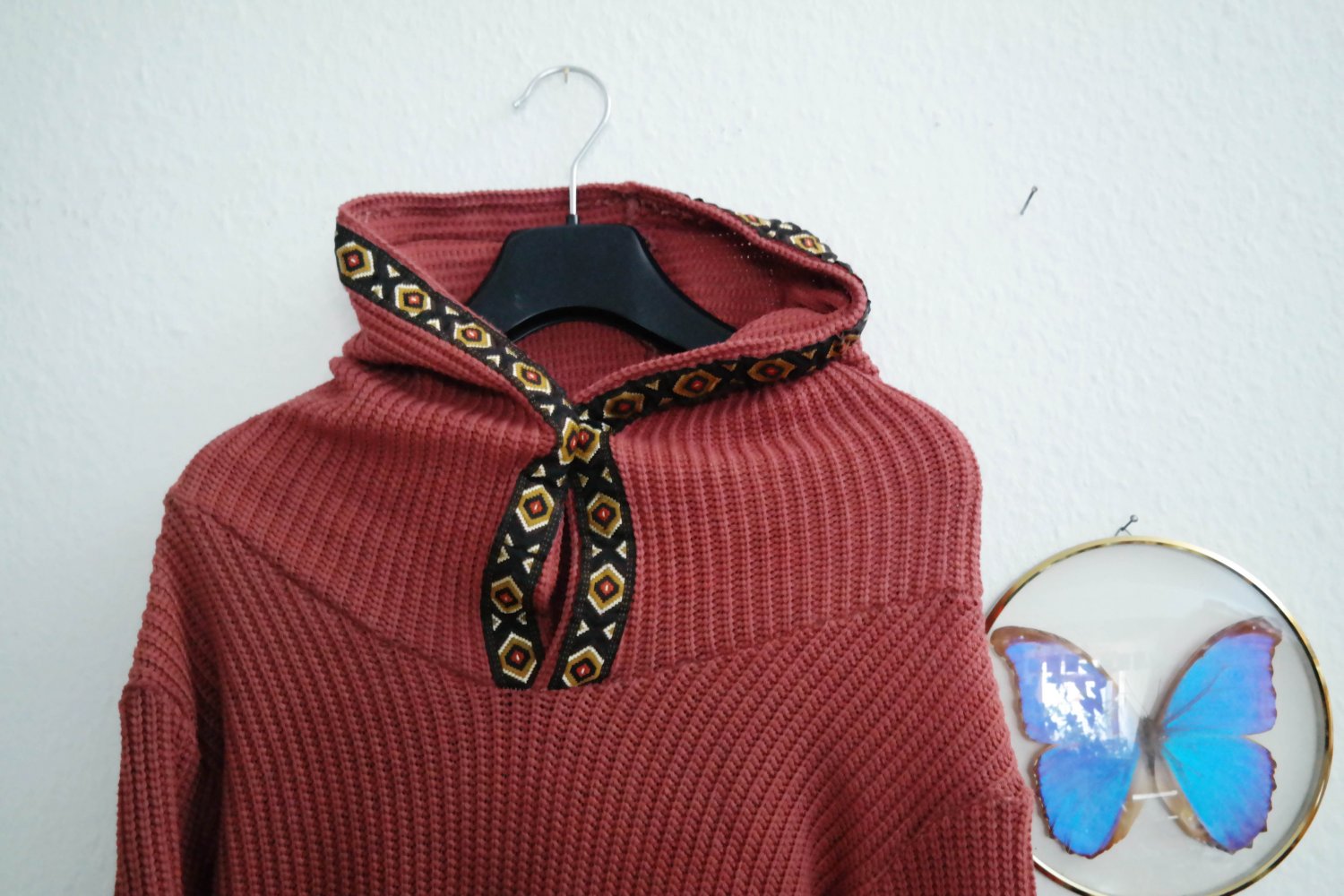 Pocaluna Pullover Hoodie Kapuzenpullover Strickstoff Borte Lang Handmade M 38 rose rost