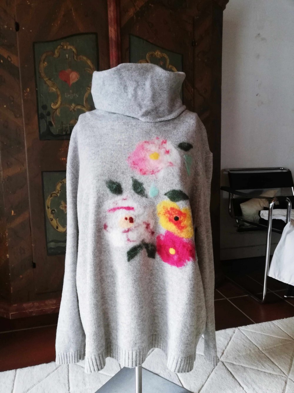 United Colors of Benetton Wollpullover Rollkragen grau Blumen Riesenkragen Strickpullover L 40 M 38