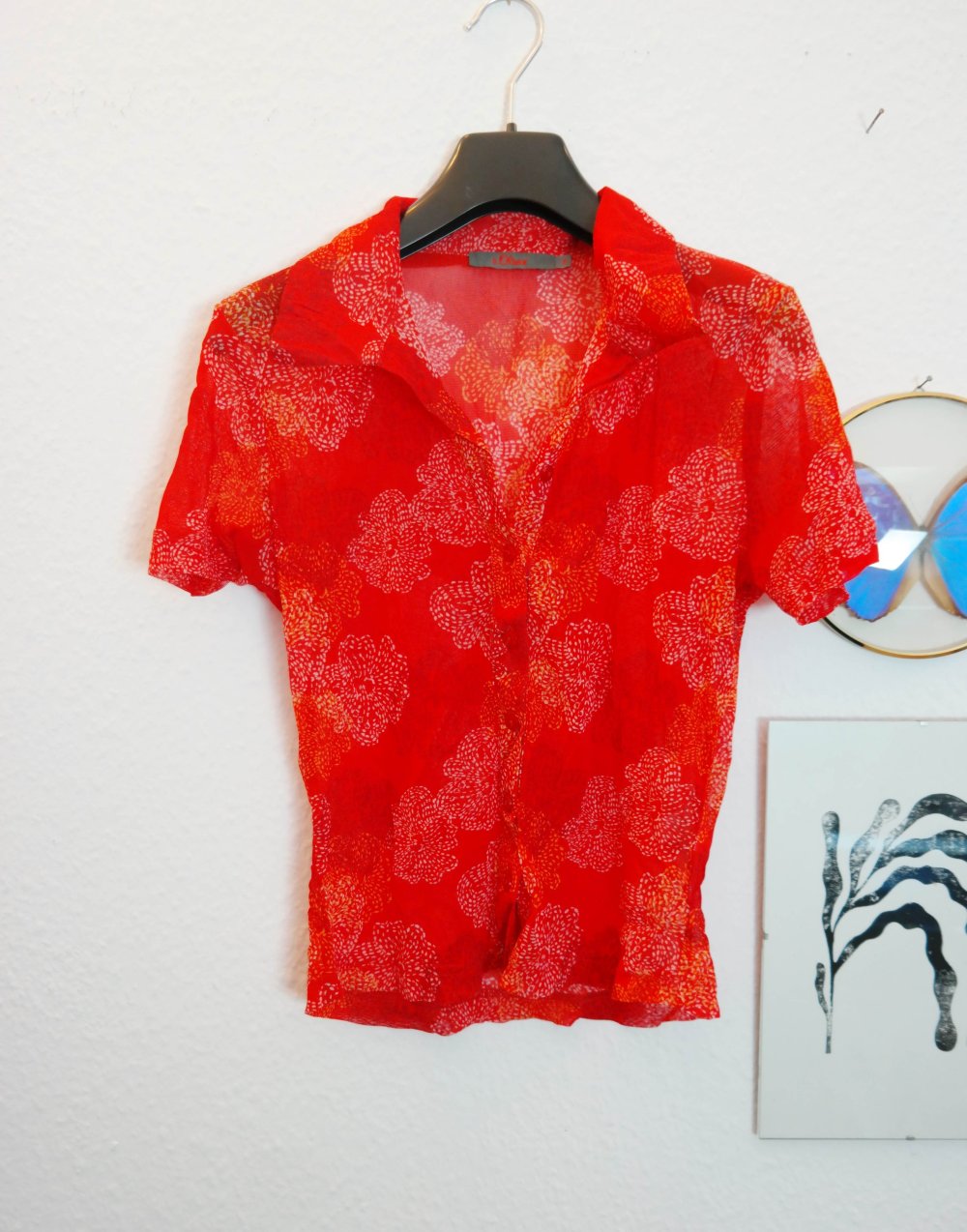 S.Oliver Bluse rot Muster Knopfleiste 90er Y2K Vintage Blumen 38 M