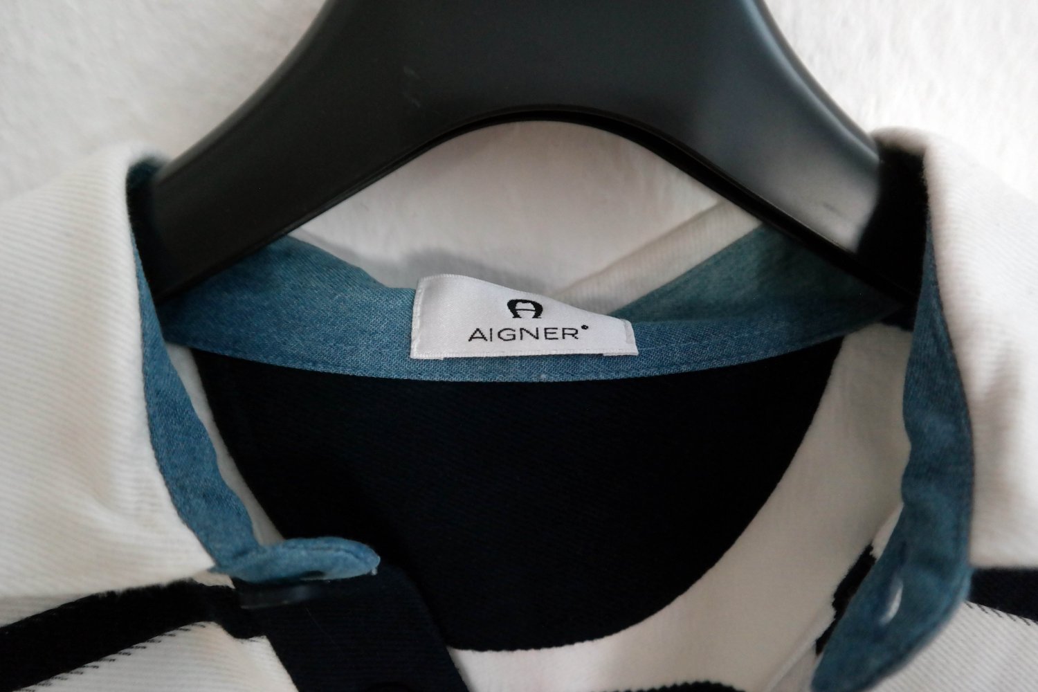 Aigner Poloshirt Langarm Pullover V-Neck weiß Streifen gestreift 52 L XL