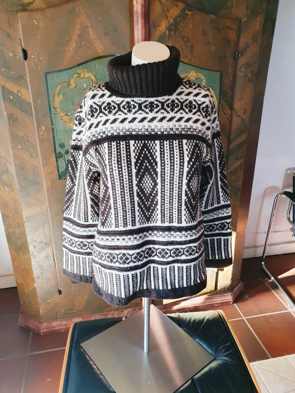 Merino Wolle Pullover Wollpullover Rollkragen Merinopullover Muster gemustert weiß braun M 38 Norweger