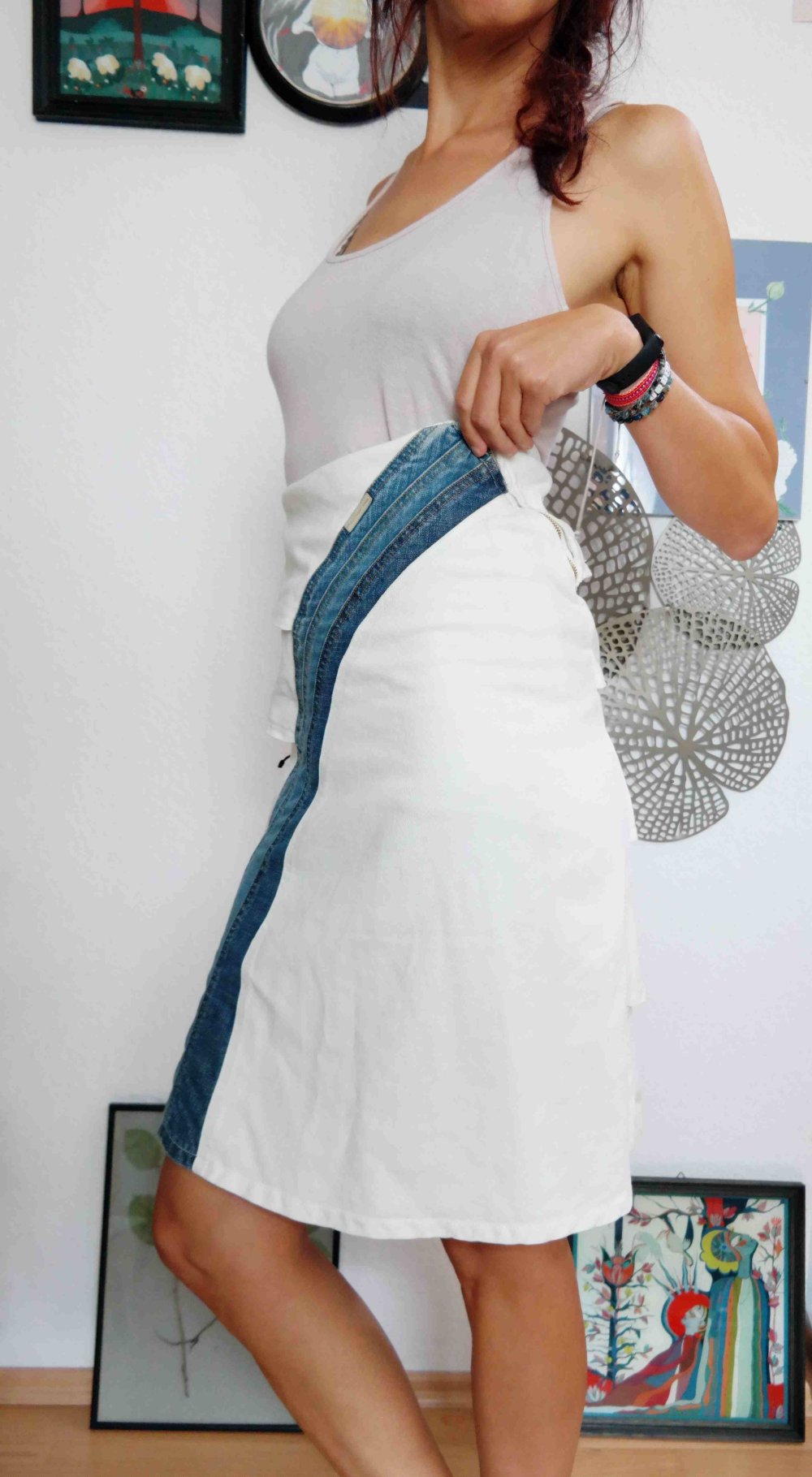 Original Vintage Rock Fornarina Lagenlook weiß blau High Waist Stufenrock S 36 90er 00er Y2K