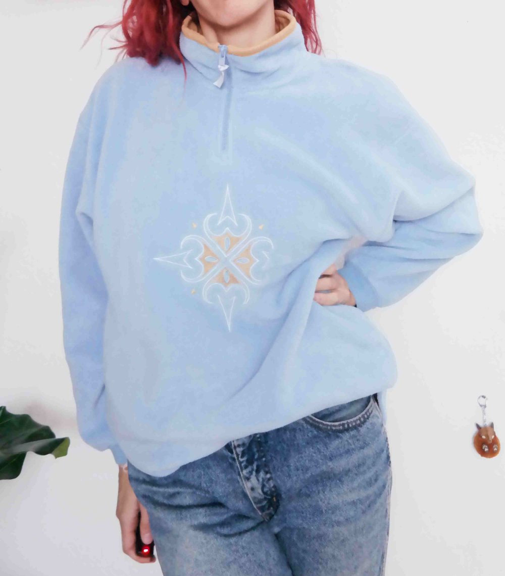 Vintage Fleecepullover Pullover Sweater Sweatshirt Tribal Mandala hellblau weich kuschelig Stickerei bestickt XL 42 