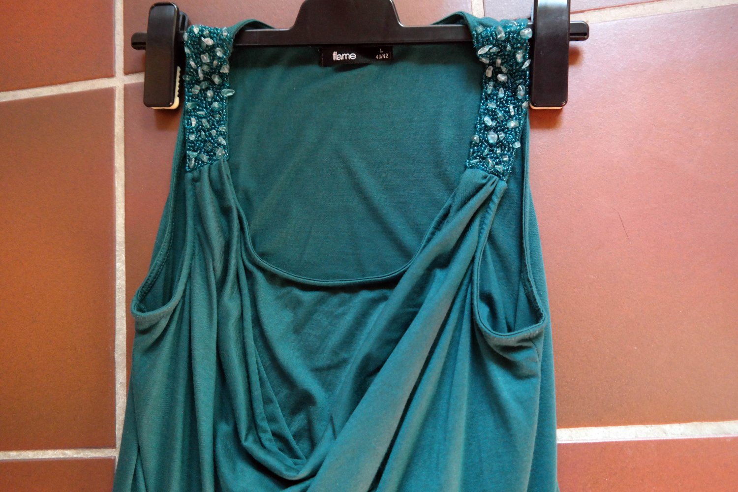Tanktop Wasserfallausschnitt Perlen Longtop Minikleid L 40 42 XL petrol