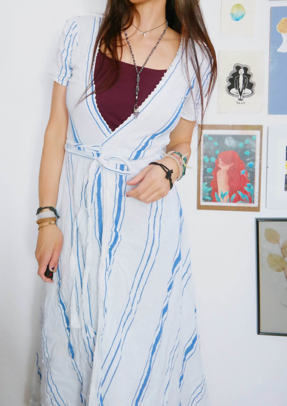 Original Vintage Wickelkleid Maxikleid Hippie Streifen 70er weiß blau M S 38 36