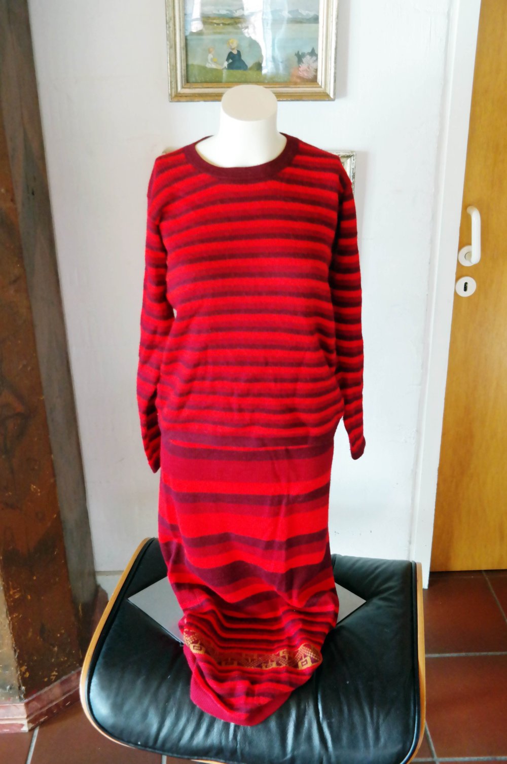 100% Wolle Set Strickpullover Wollpullover Strickrock Wollrock bunt rot Alpaka L 40 Peru Hippie Ethno