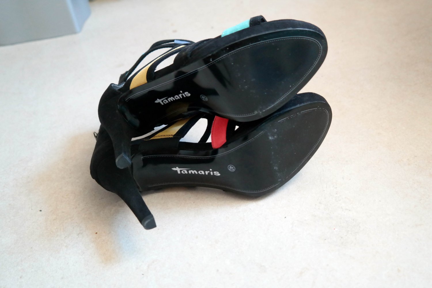 NEU Tamaris High Heels schwarz bunt Ledersohle Leder Sandale Riemchen 40