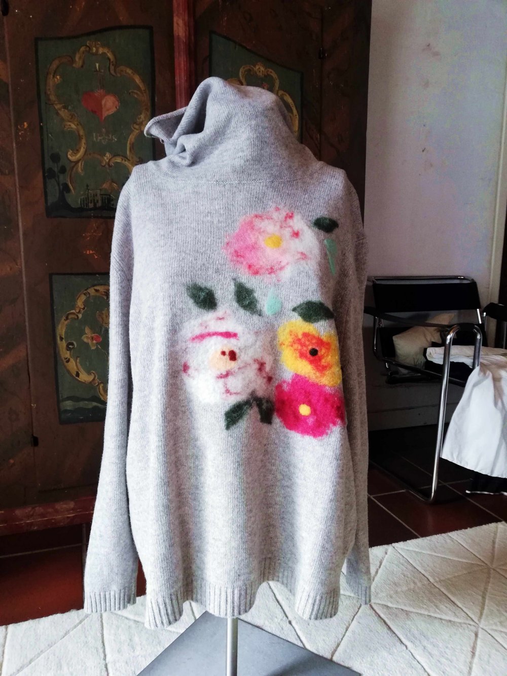 United Colors of Benetton Wollpullover Rollkragen grau Blumen Riesenkragen Strickpullover L 40 M 38