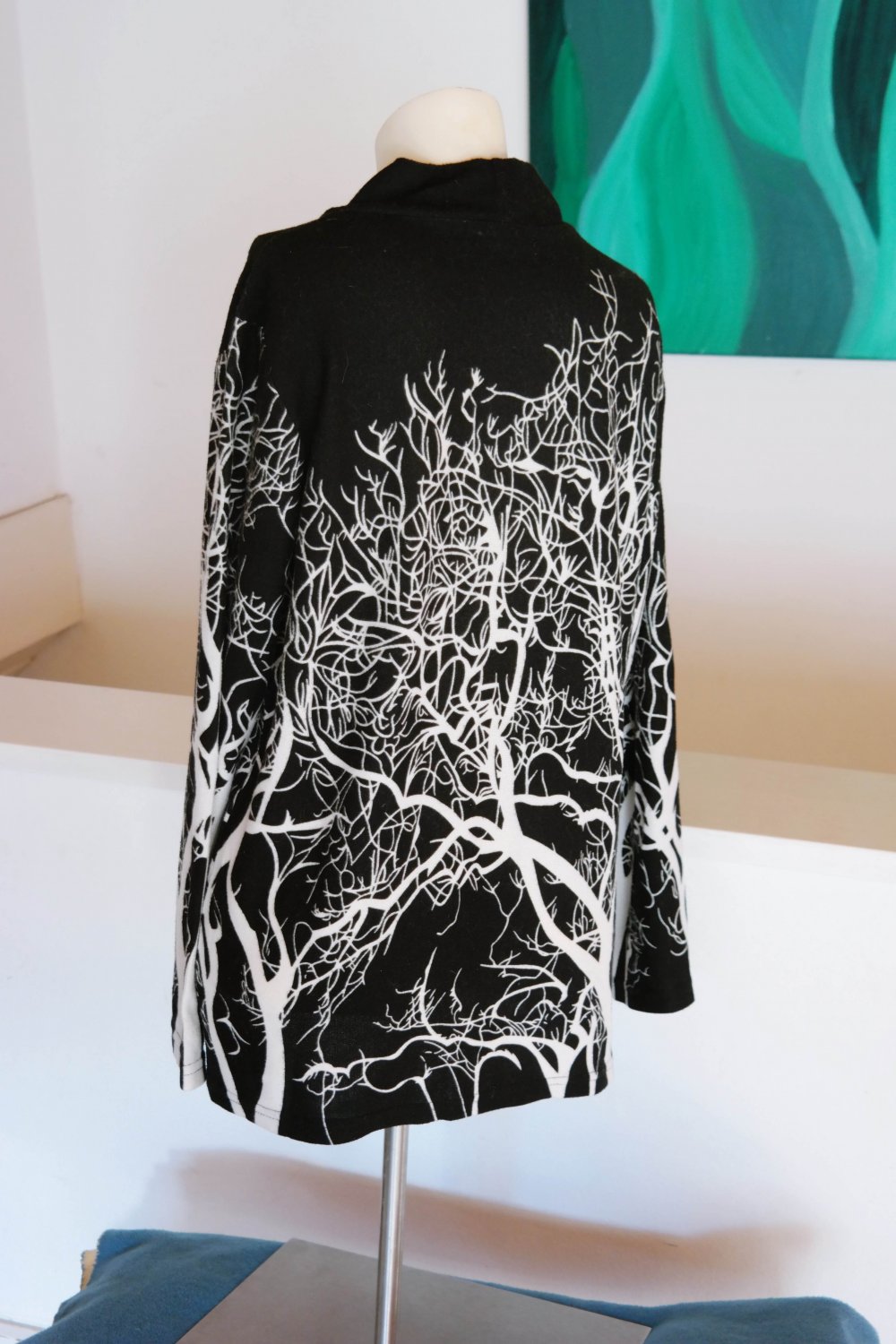 Pullover Tunika weit fallend Bäume Wald Elfe Fee schwarz weiß XL 42