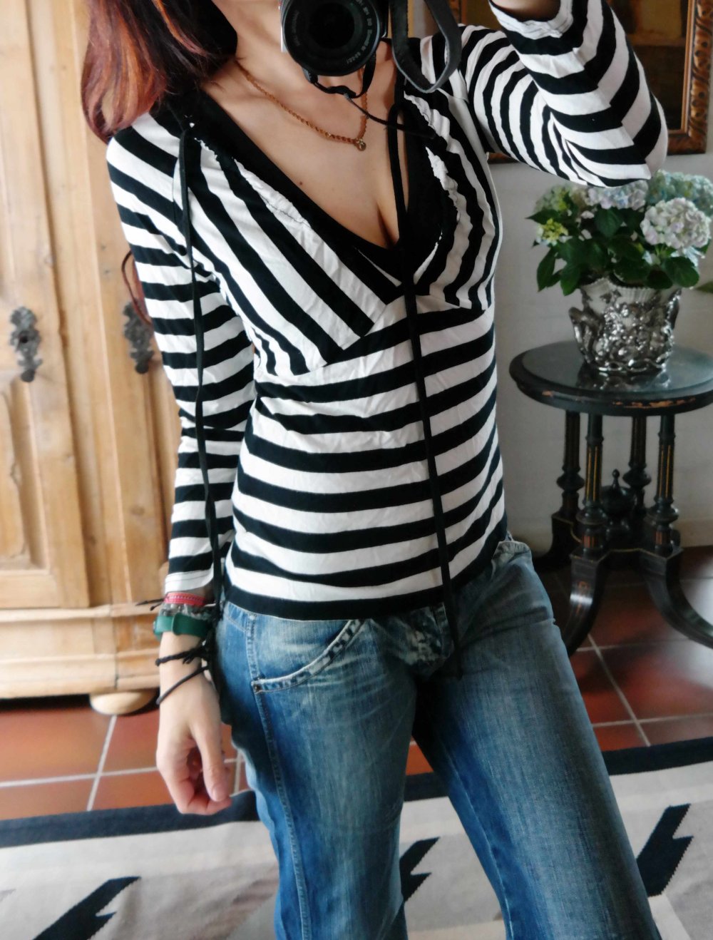 Vintage Langarmshirt Longsleeve schwarz weiß Raffung V-Ausschnitt Streifen gestreift Figurschmeichler XL 42 M 38