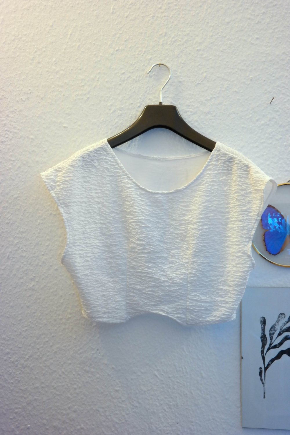 Original Vintage Shirt cropped weiß Sheer Mesh Unikat Handmade Bauchfrei M 38 L 40