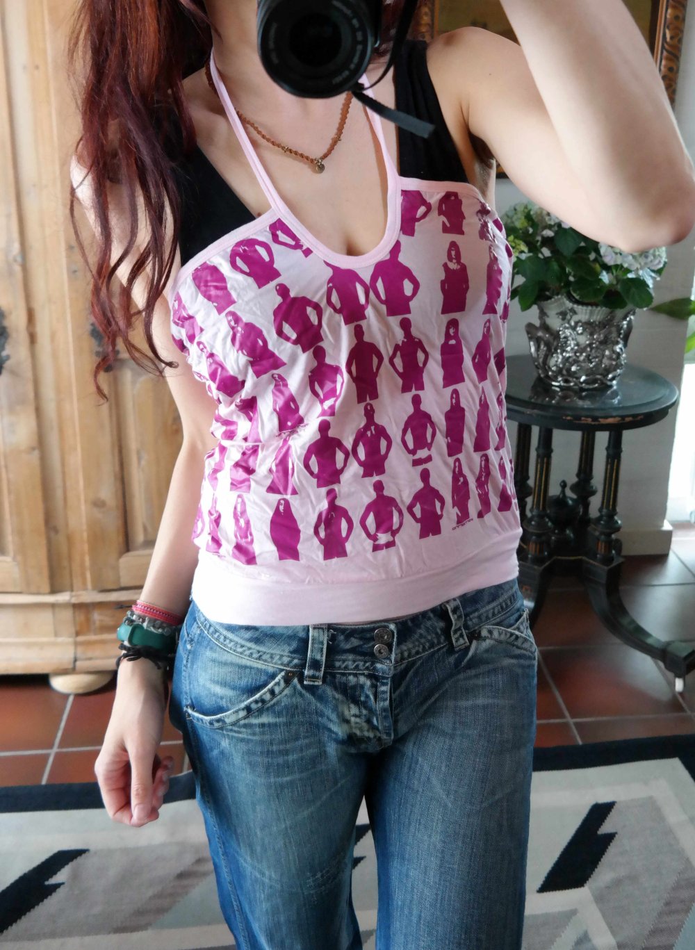 Vintage 90er 00er Fornarina Top Neckholder Y2K Kitsch Figuren L M 40 38 rosa lila