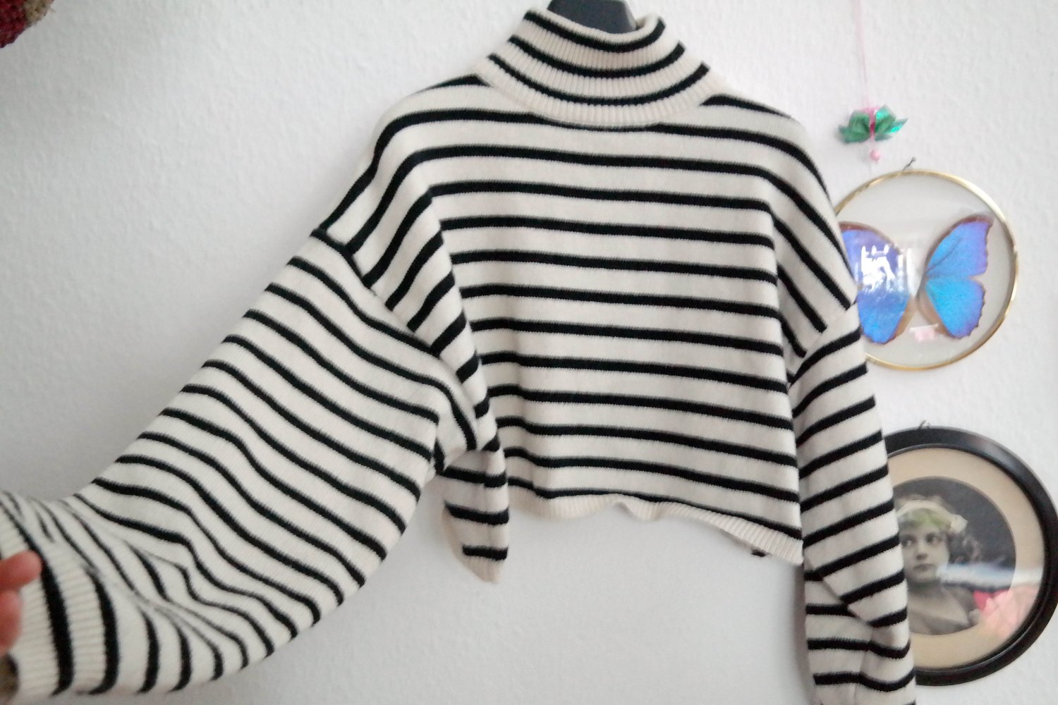 Cropped Rollkragenpullover Streifen gestreift schwarz weiß Kastig kastenform Boxy S M 36 38