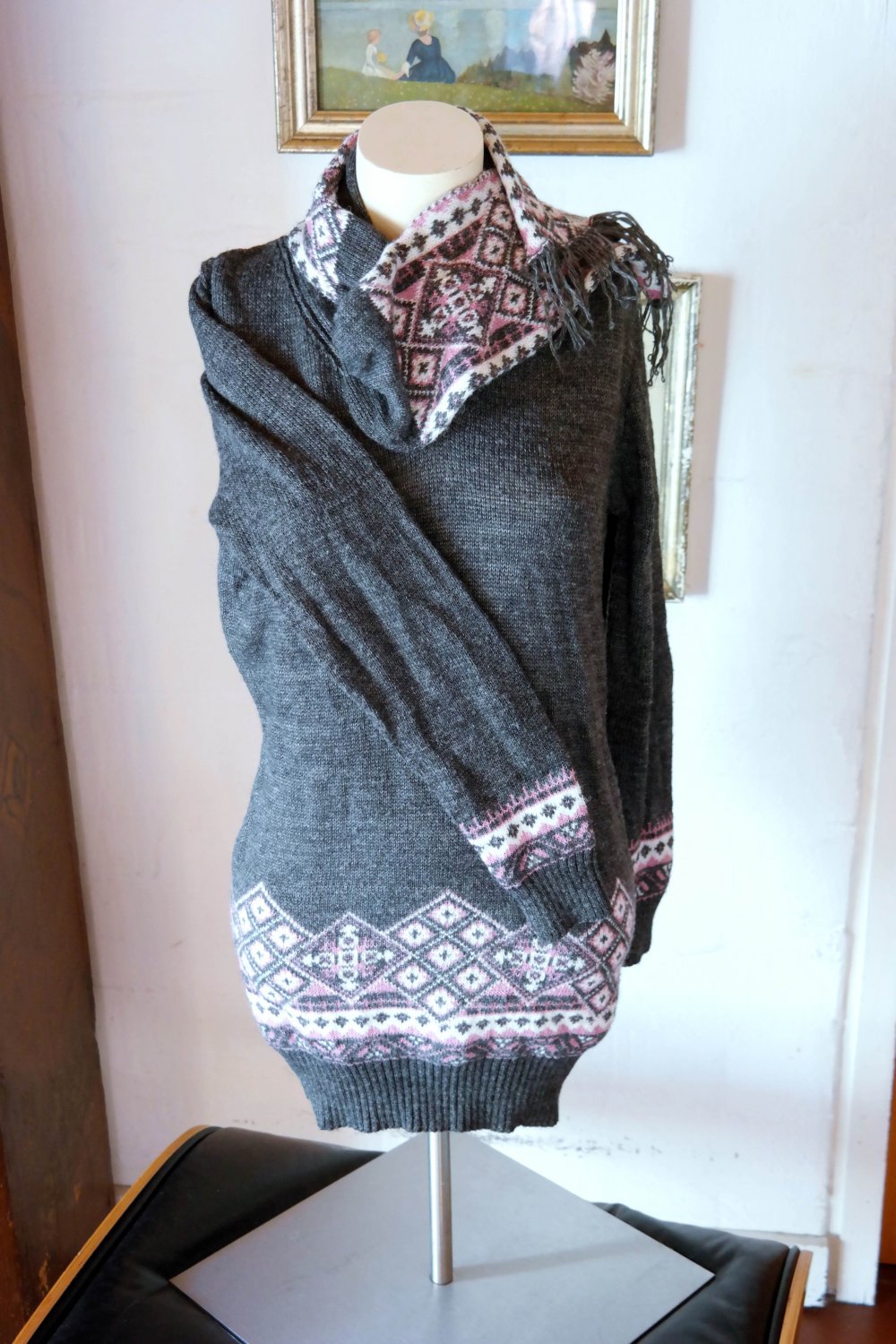 Pullover Strickpullover Wolle Kragen Schal Schalkragen Wollpullover Unikat M 38 grau bunt