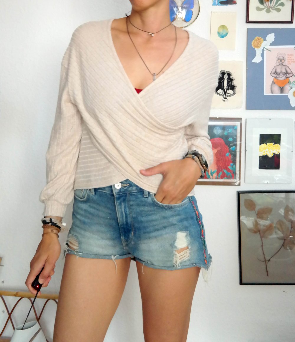 Wickelpullover creme Langarm V-Ausschnitt weich samtig XS 34 S 36 M 38