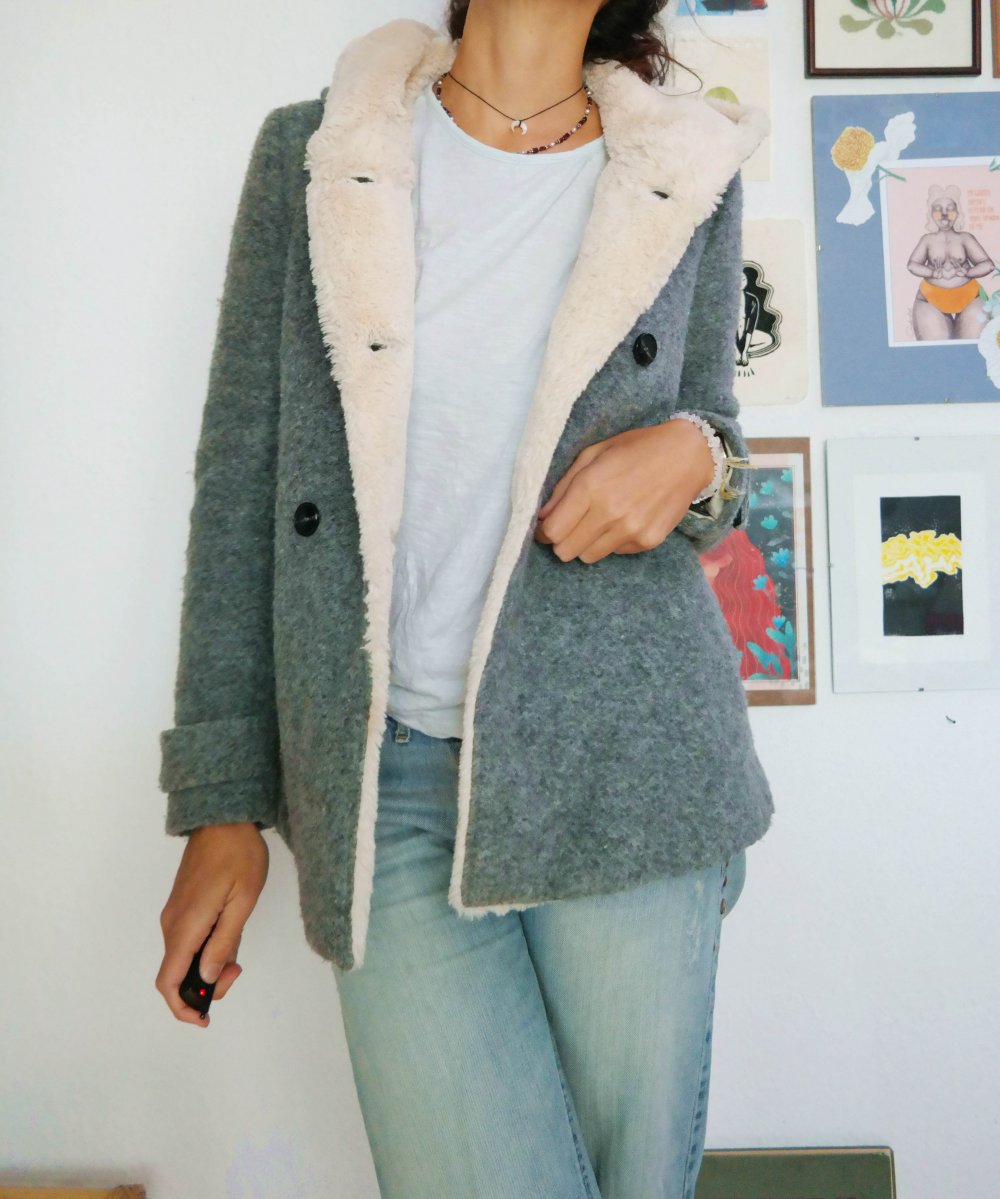 Zara Jacke gefüttert Wolle Wolljacke grau Teddyjacke Teddyfell Kapuze Dufflecoat XS S M 34 36 38