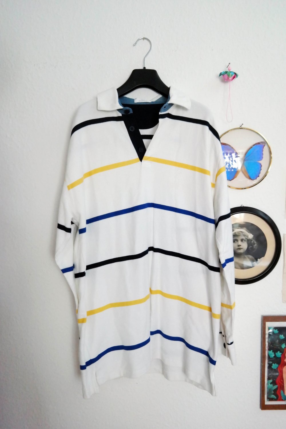 Aigner Poloshirt Langarm Pullover V-Neck weiß Streifen gestreift 52 L XL
