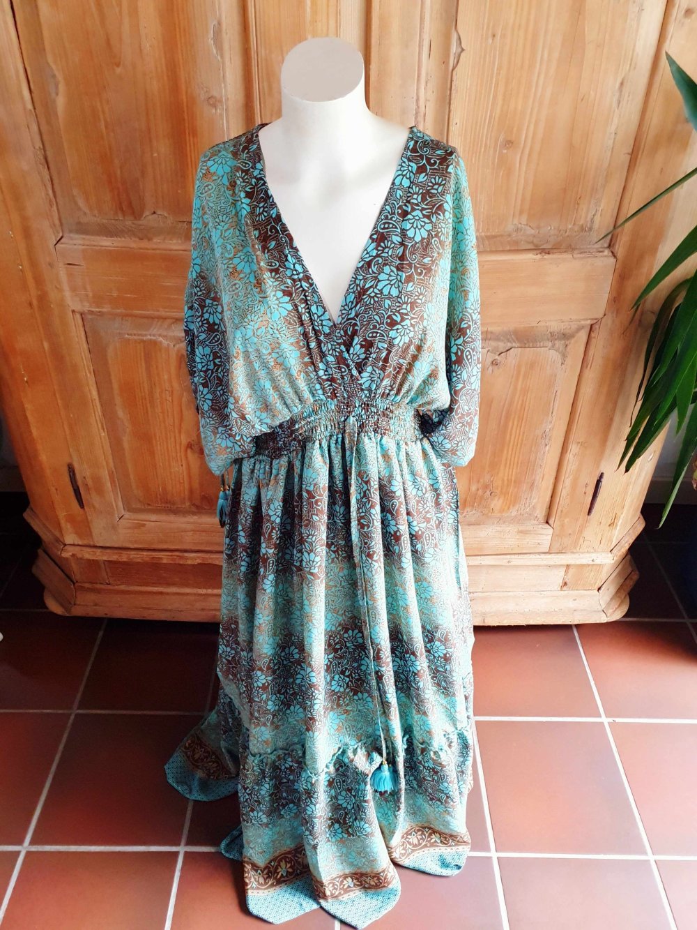 Bohemian Maxikleid Ibiza Sommerkleid V-Ausschnitt bunt türkis Unisize L XL XXL