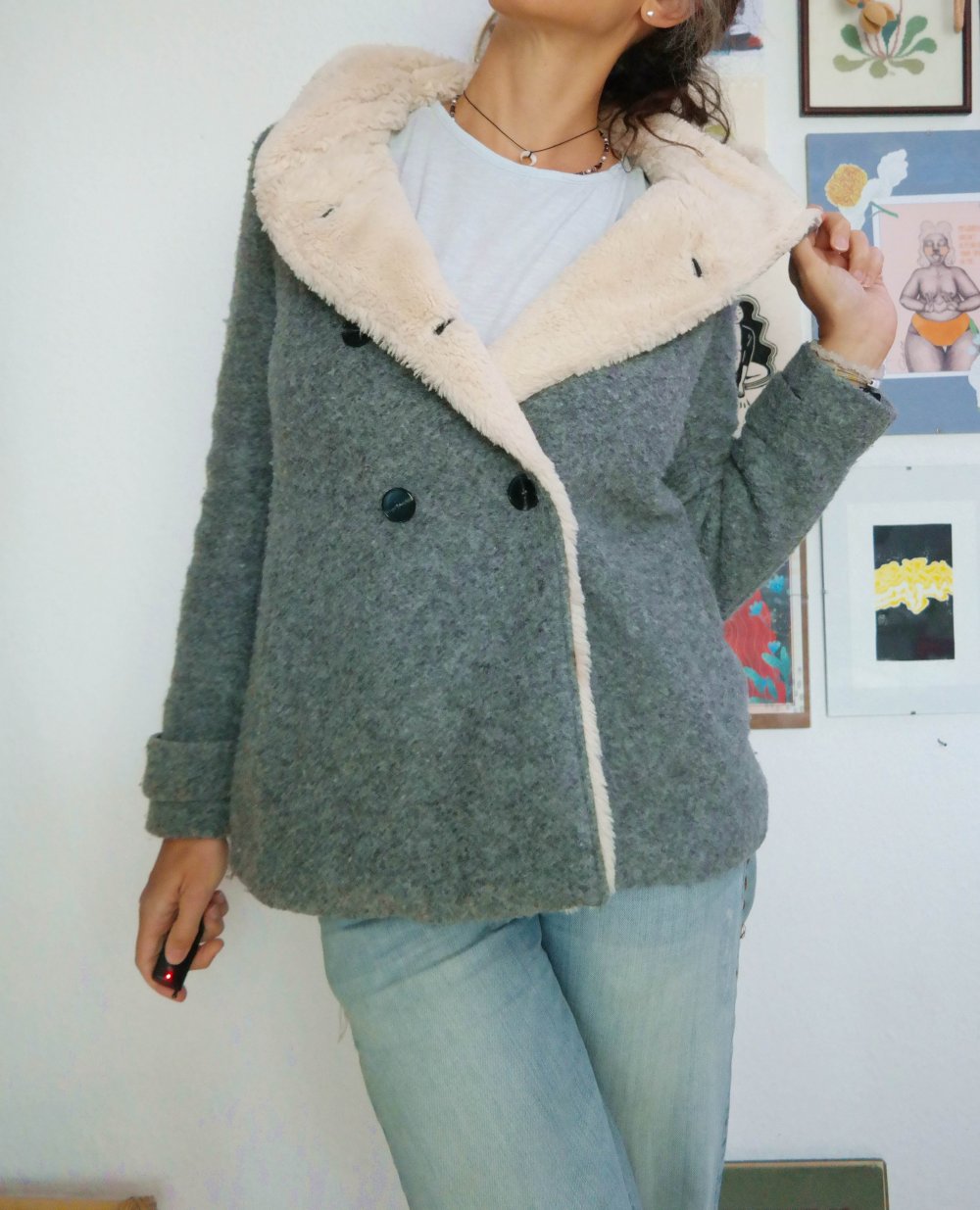 Zara Jacke gefüttert Wolle Wolljacke grau Teddyjacke Teddyfell Kapuze Dufflecoat XS S M 34 36 38