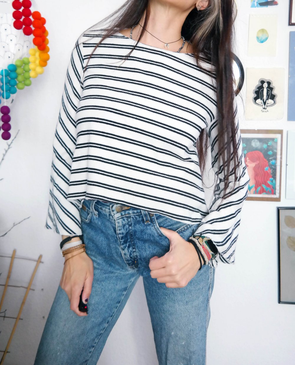 Mango Langarmshirt Pullover Schlagärmel Flügelärmel Hippie Streifen gestreift M 38 schwarz weiß