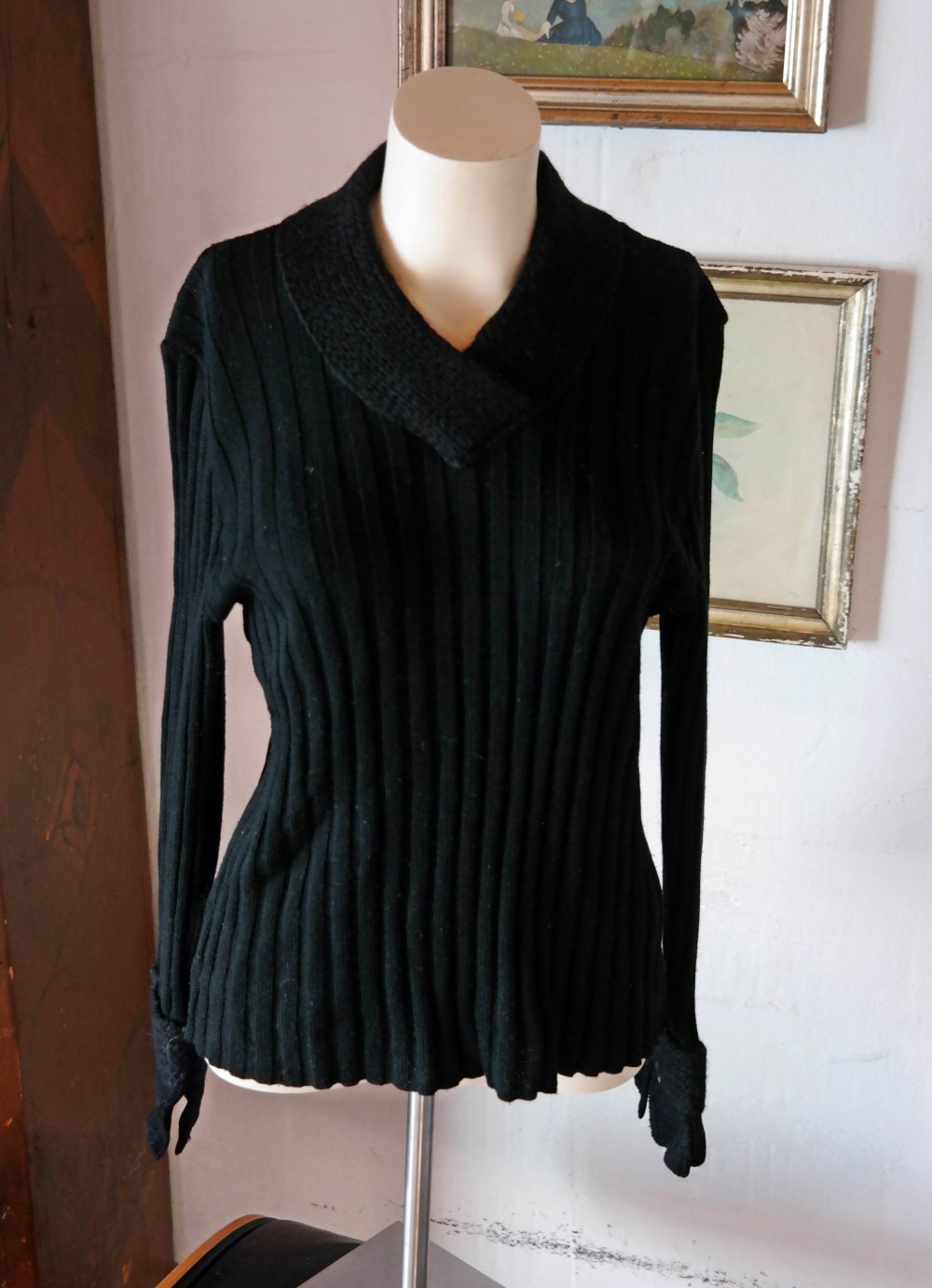 Carlo Colucci Pullover Wolle Wollpullover schwarz Trompetenärmel Strickpullover L 40