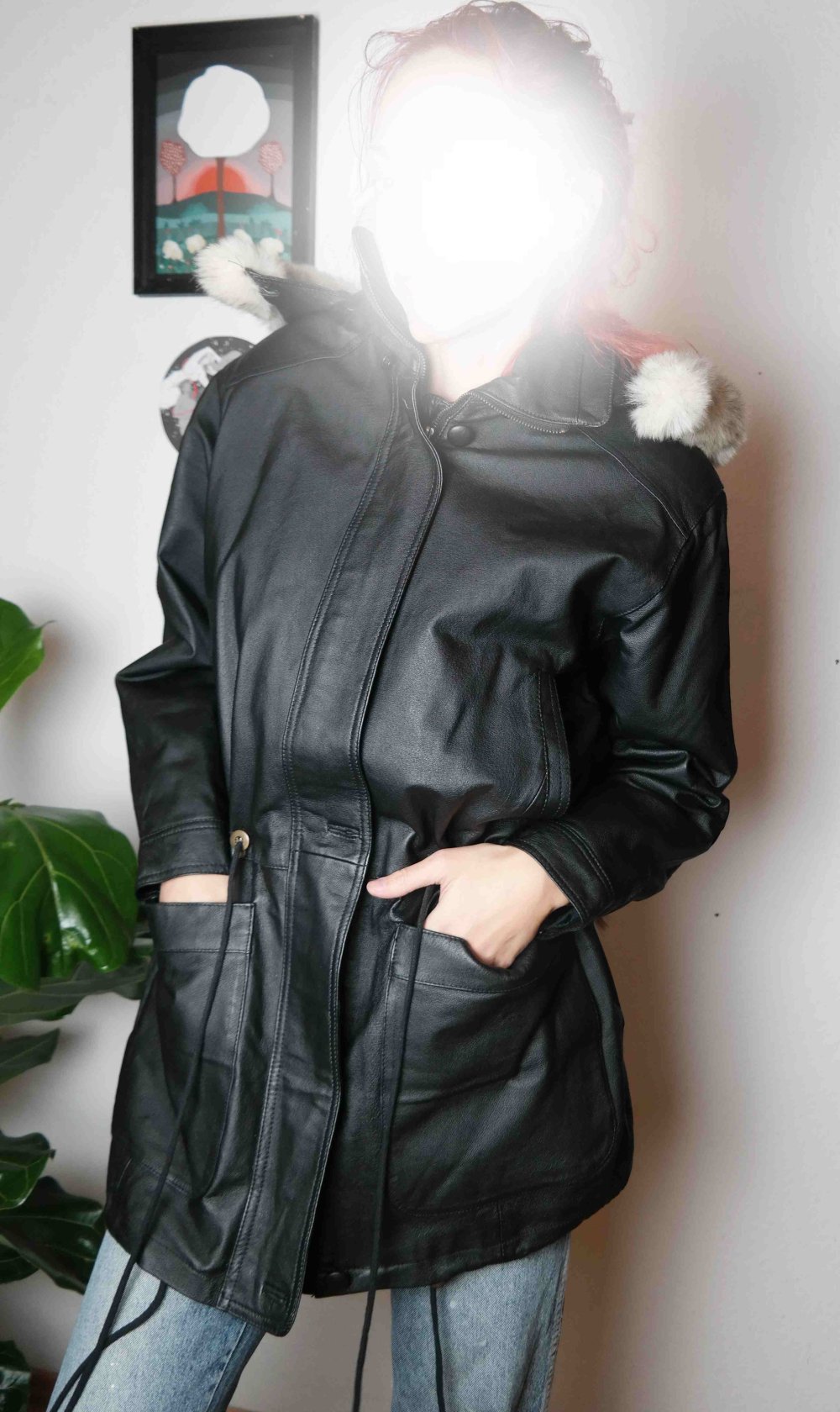 NEU mit Etikett Vintage Ledermantel Parka Lederparka Echtleder schwarz Schnüren XL 42 oversized
