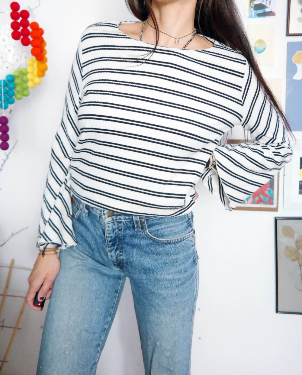 Mango Langarmshirt Pullover Schlagärmel Flügelärmel Hippie Streifen gestreift M 38 schwarz weiß