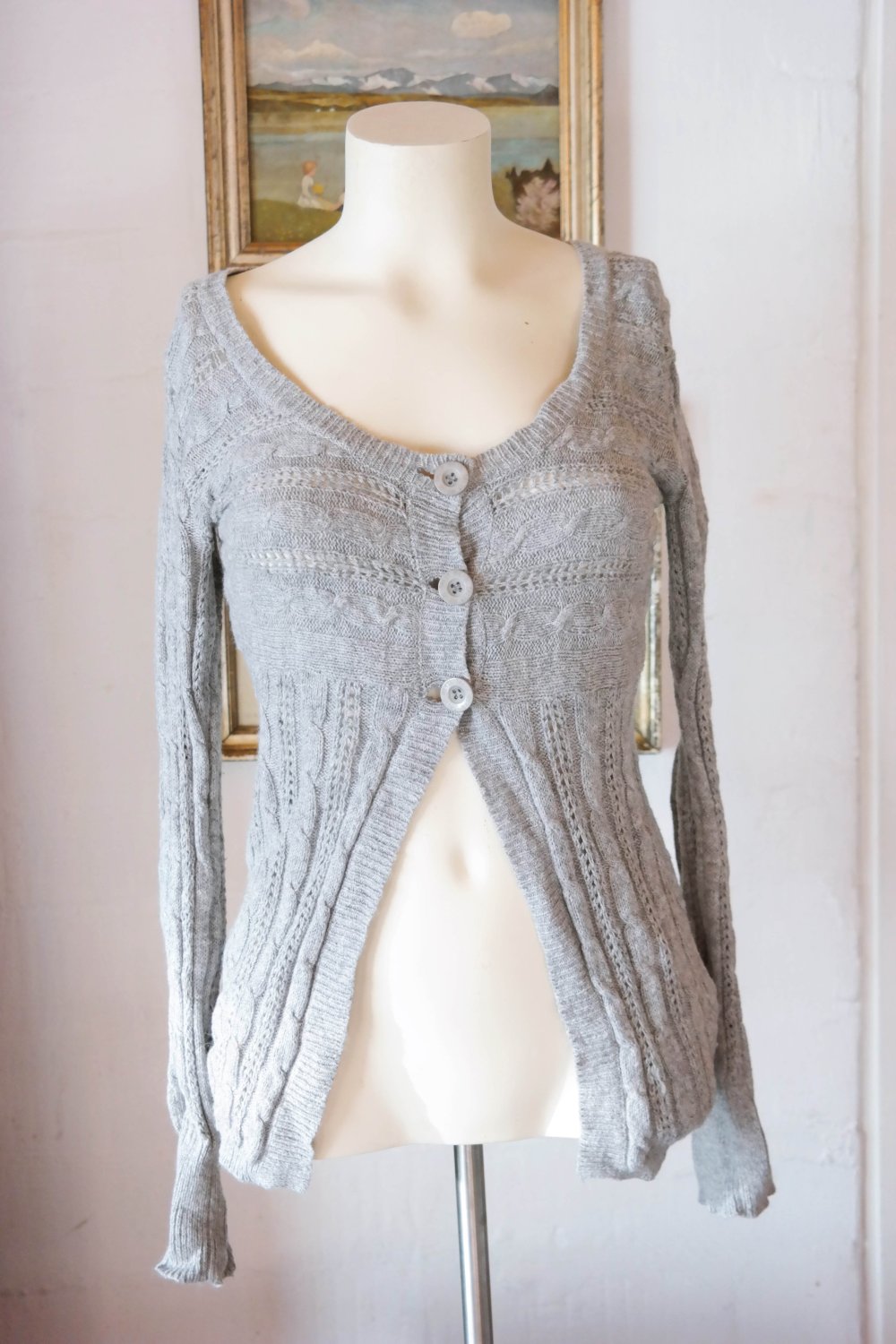 Strickjacke Cardigan Angora grau Muster Strickmuster leicht Hippie Ethno XS 34 