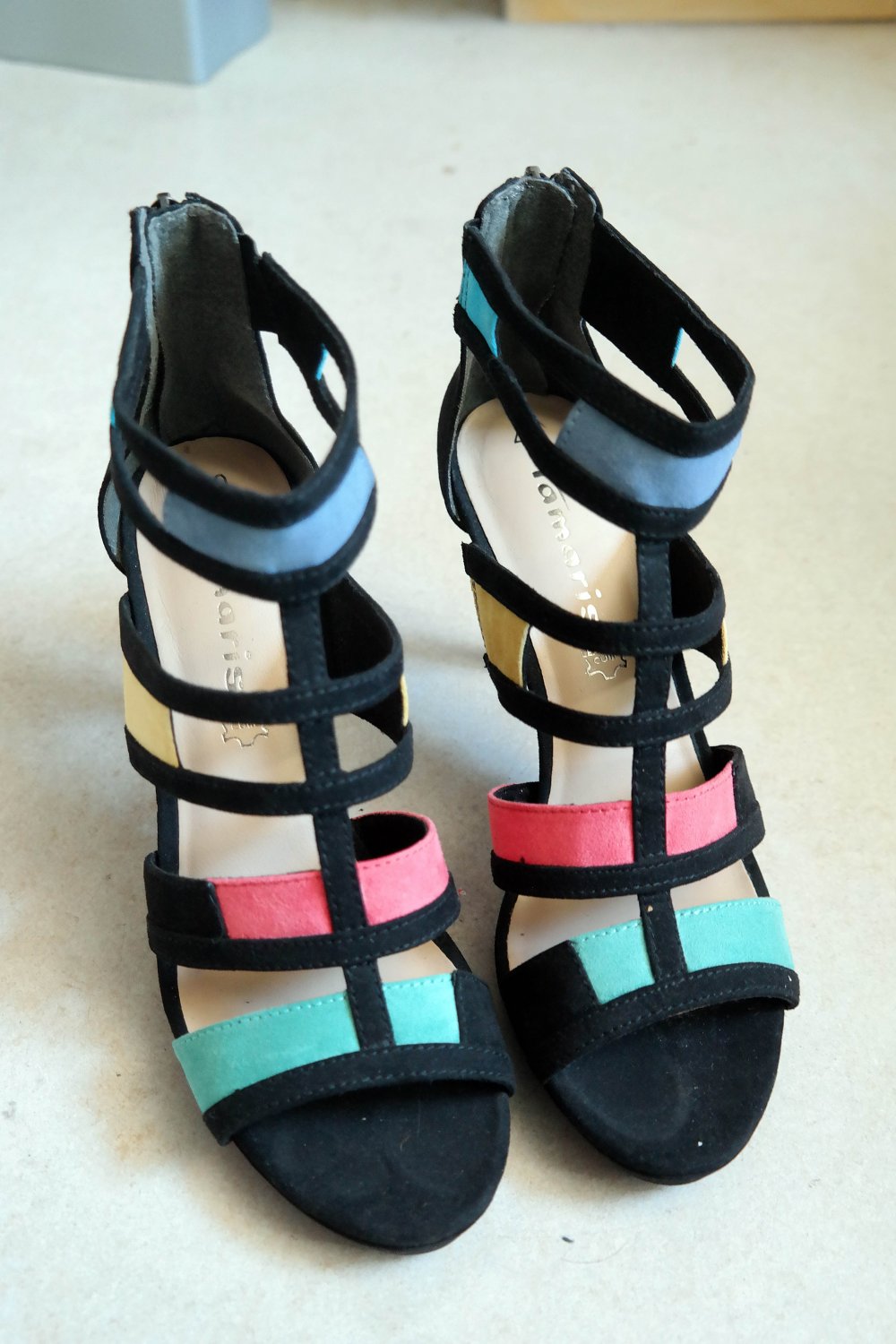 NEU Tamaris High Heels schwarz bunt Ledersohle Leder Sandale Riemchen 40