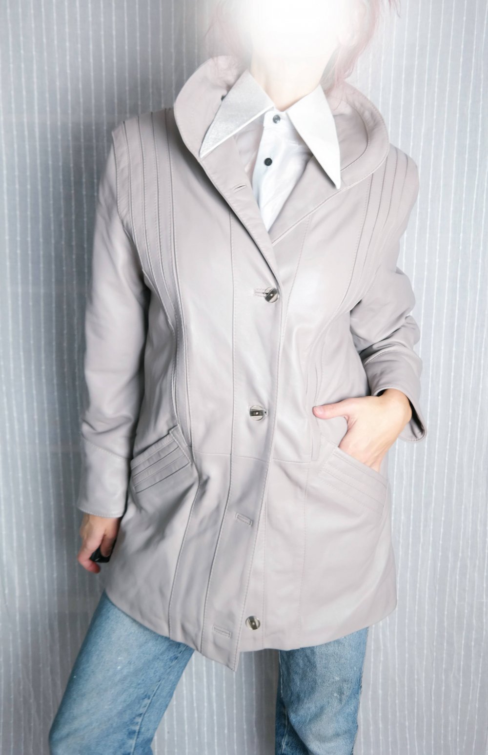 Vintage Lederjacke Ledermantel grau 80er 90er parka oversized hellgrau Kragen Echtleder Echtledermantel Echtlederjacke 38 M 40 L
