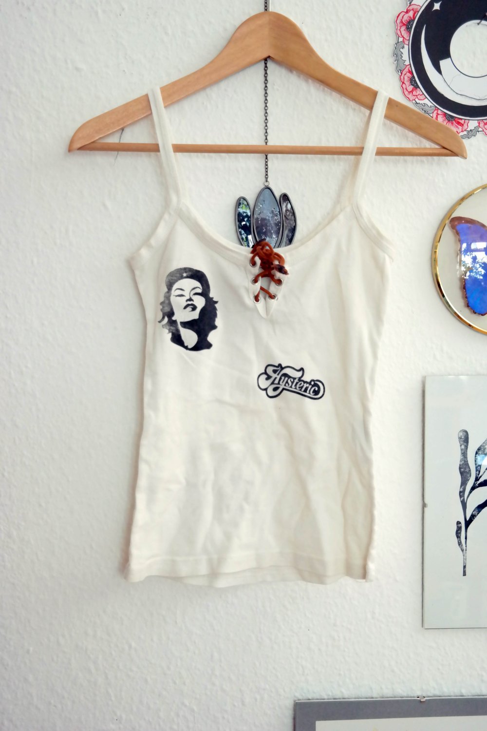 Original Vintage London Wear Top Trägertop Druck weiß Schnürung geschnürt S 36 Ausschnitt