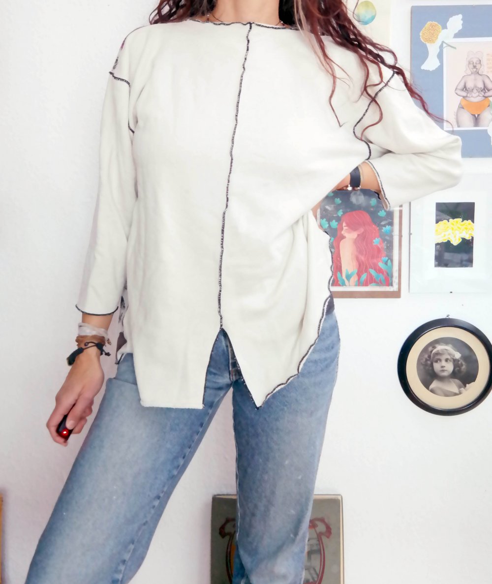 Vintage Sweater Ethno Muster oversized Zum Binden L XL 40 42 weiß bunt Sweatshirt