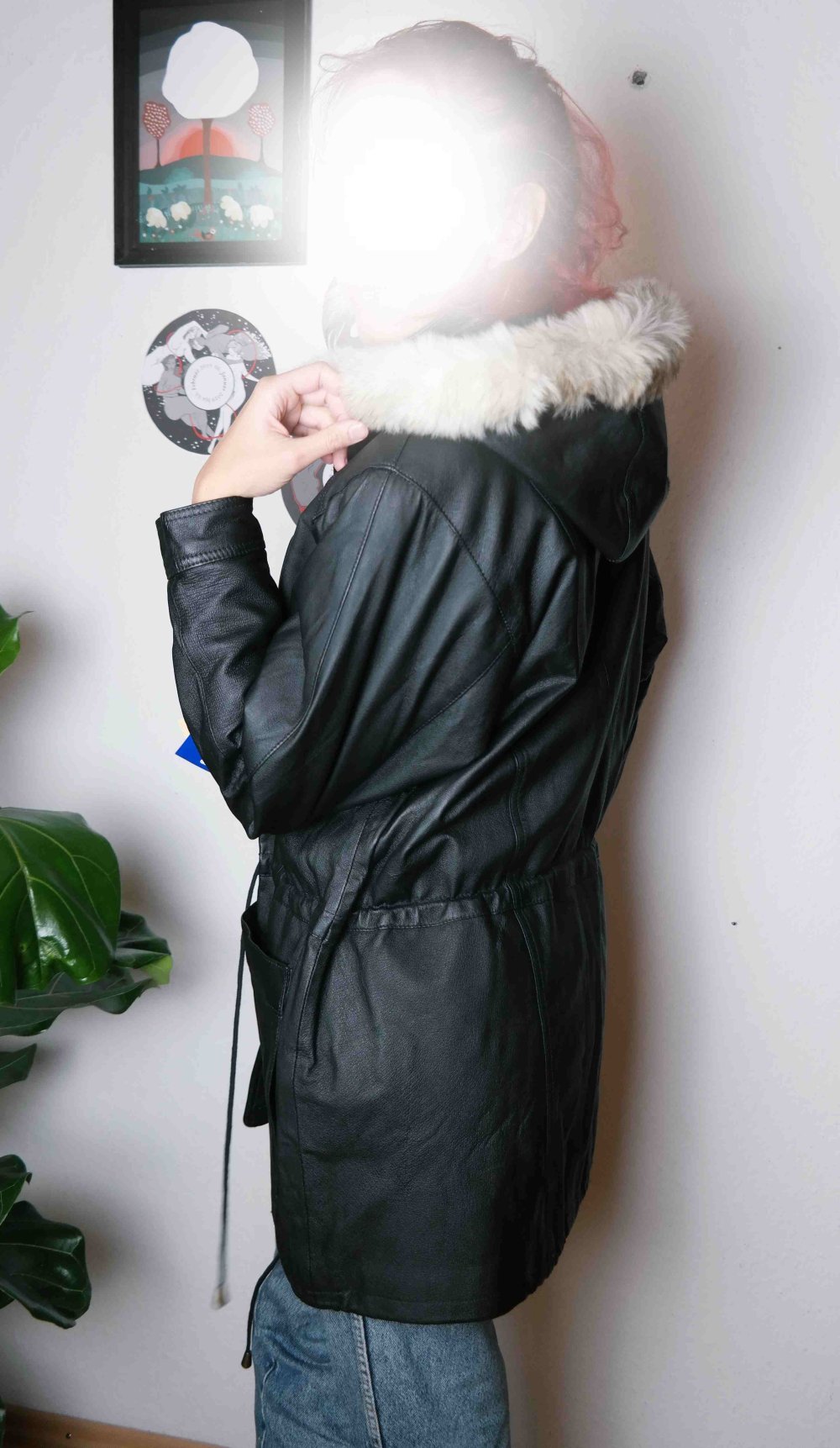 NEU mit Etikett Vintage Ledermantel Parka Lederparka Echtleder schwarz Schnüren XL 42 oversized