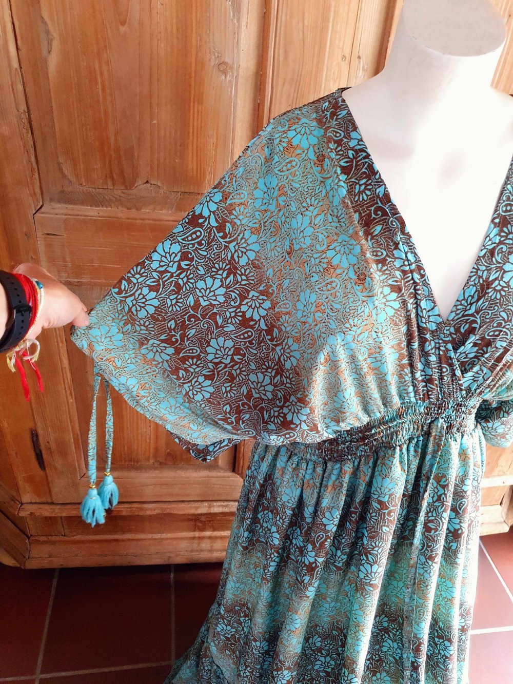Bohemian Maxikleid Ibiza Sommerkleid V-Ausschnitt bunt türkis Unisize L XL XXL