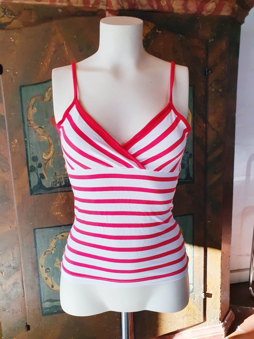 Amisu Vintage Top Streifen V-Ausschnitt rot weiß 90er 00er M 38