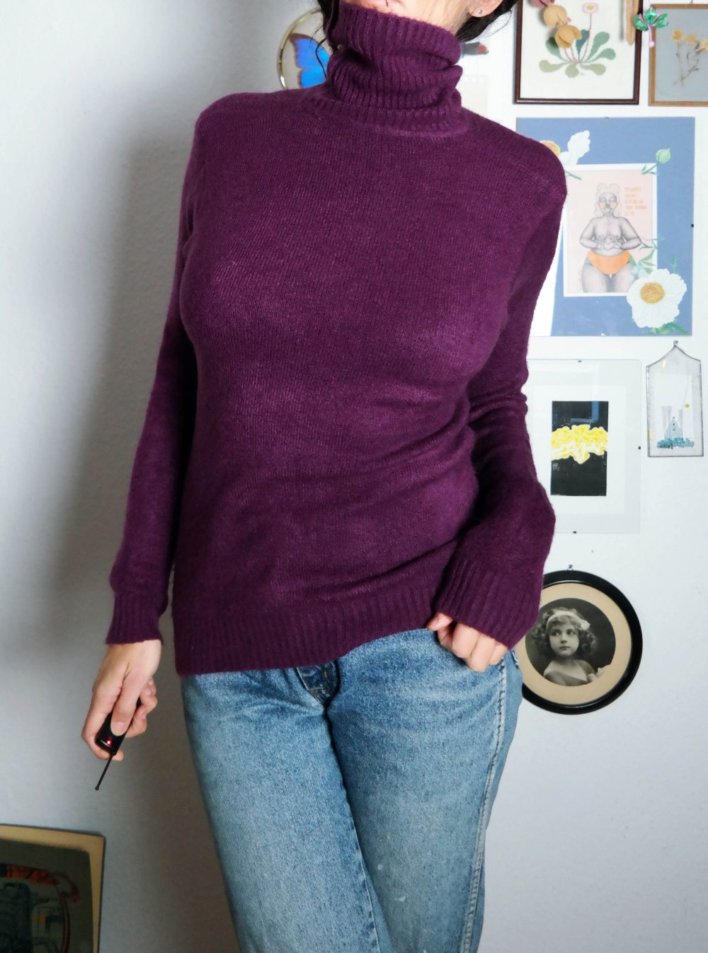 Rollkragenpullover Wollpullover Strickpullover Lila Mohair Wolle weich M 38 S 36