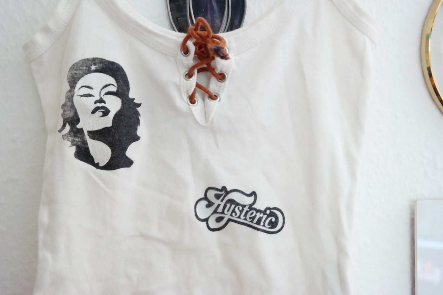 Original Vintage London Wear Top Trägertop Druck weiß Schnürung geschnürt S 36 Ausschnitt