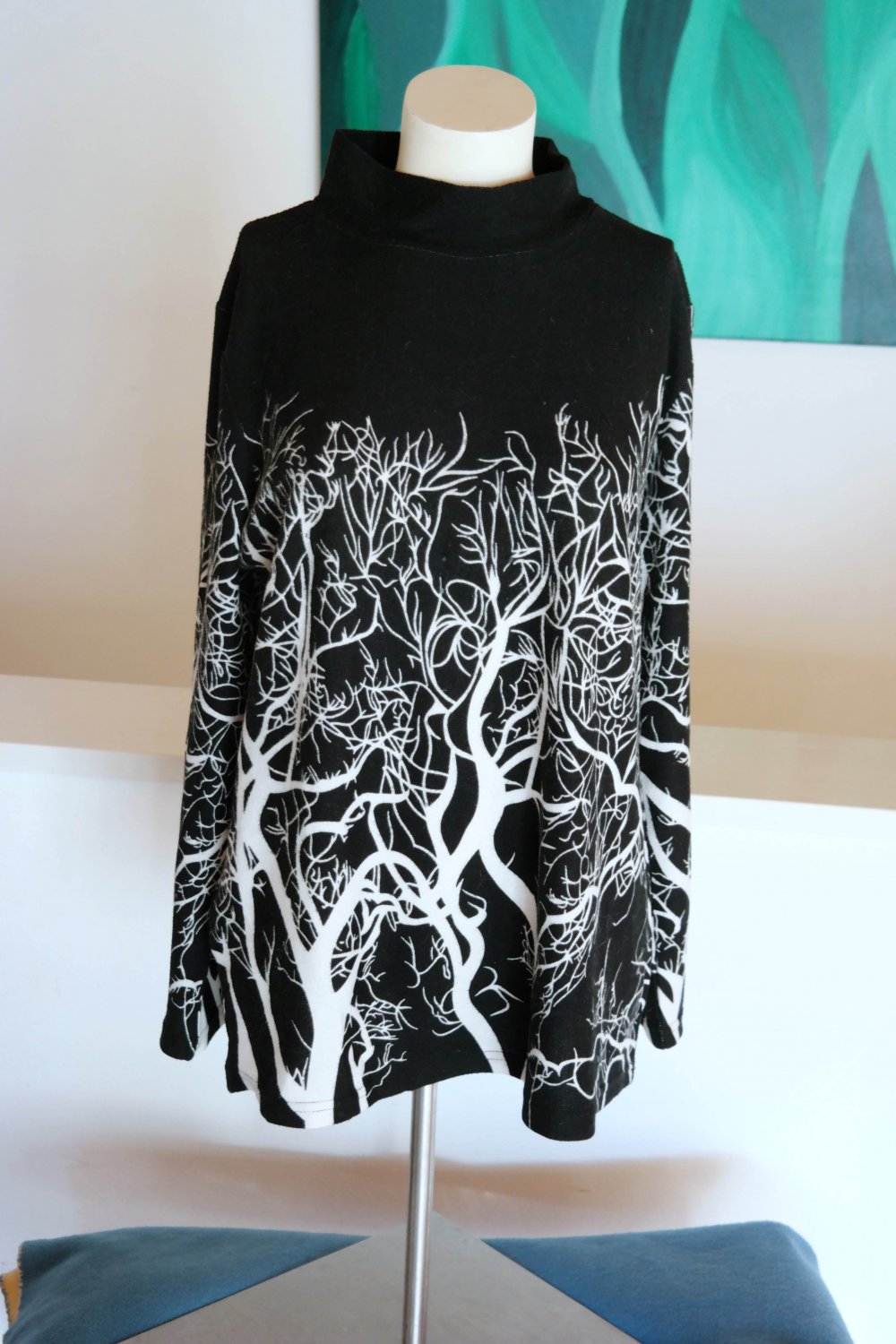 Pullover Tunika weit fallend Bäume Wald Elfe Fee schwarz weiß XL 42