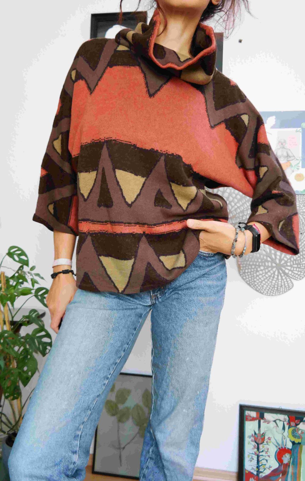 Wollpullover 100% Wolle Schurwolle Ethno Hippie Riesenkragen oversized XL XXL 42 44
