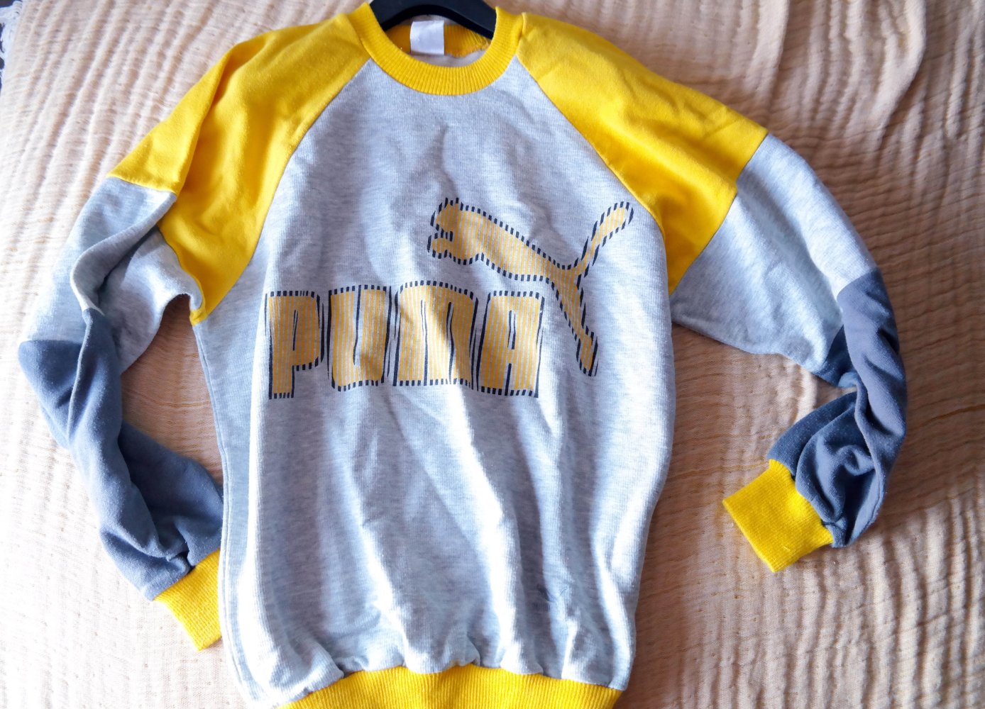 Vintage Puma Sweater Sweatshirt grau bunt 80er 80ies 90er Retro Sport Oldschool M L