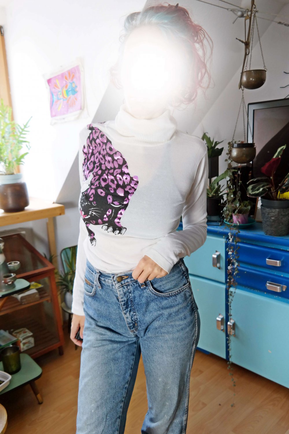 Rollkragenpullover Rolli Review weiß Panther Leopard schwarz pink shiny glimmer glänzend Vintage S 38 M 40