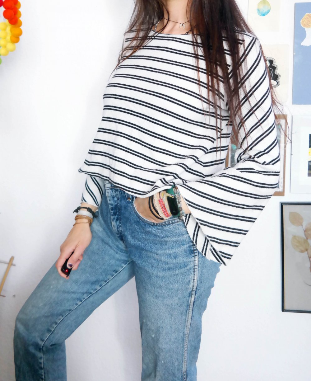 Mango Langarmshirt Pullover Schlagärmel Flügelärmel Hippie Streifen gestreift M 38 schwarz weiß